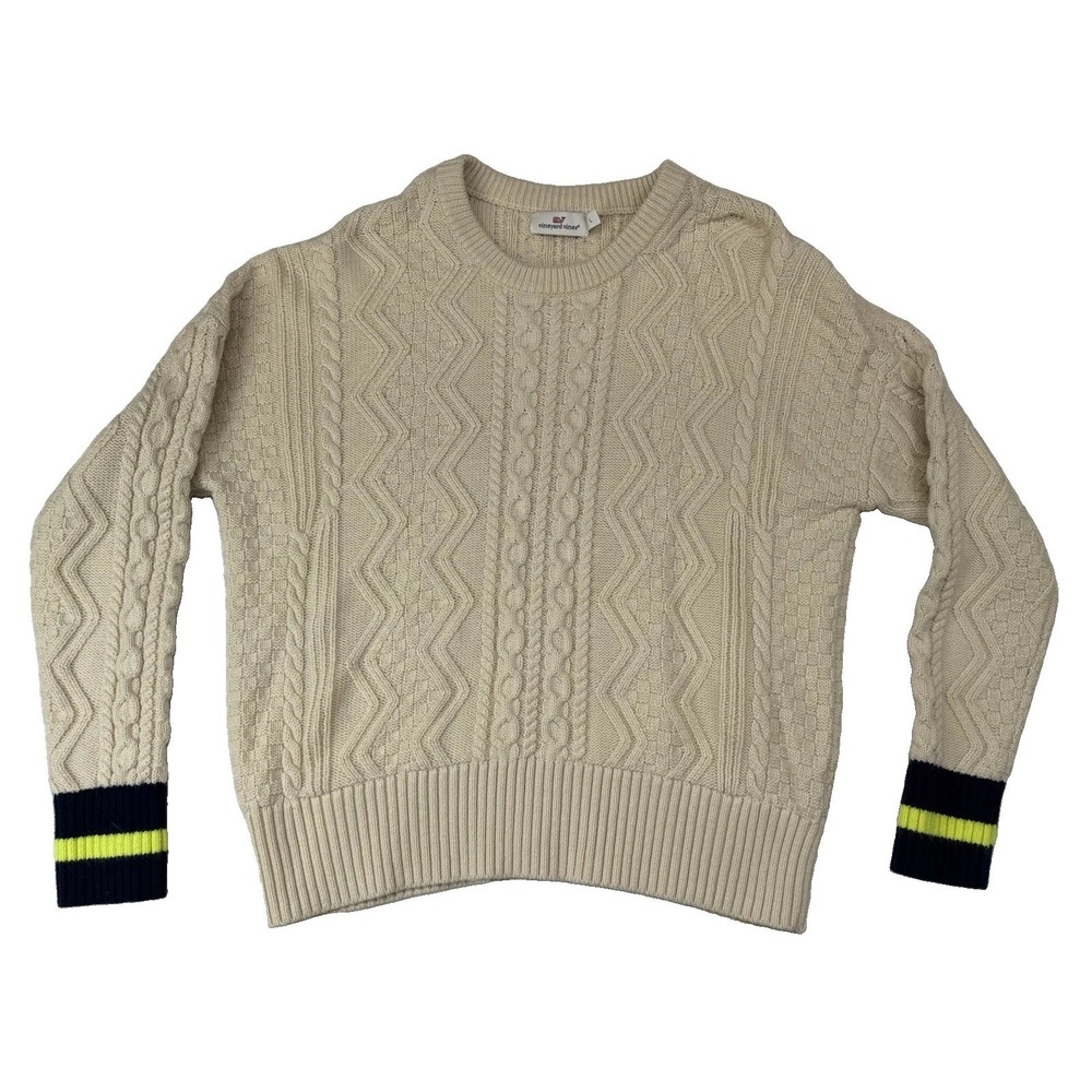 Vineyard Vines Sweater Womens Large Biege Blue Wool Blend  Cable Knit Pullover